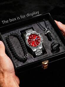 4 Peças Conjunto de Acessórios de Relógio Quartz Multifuncional de Estilo Homem Durão, Incluindo 1 Relógio Quartz Masculino com Pulseira de Aço Prateado e Numerais Romanos, 1 Pulseira, 1 Colar Pingente e 1 Anel. Apresentando Contraste de Cor Vermelho e Prata Marcante e Design Rústico de Rua como o Principal - Prata - Visão 1