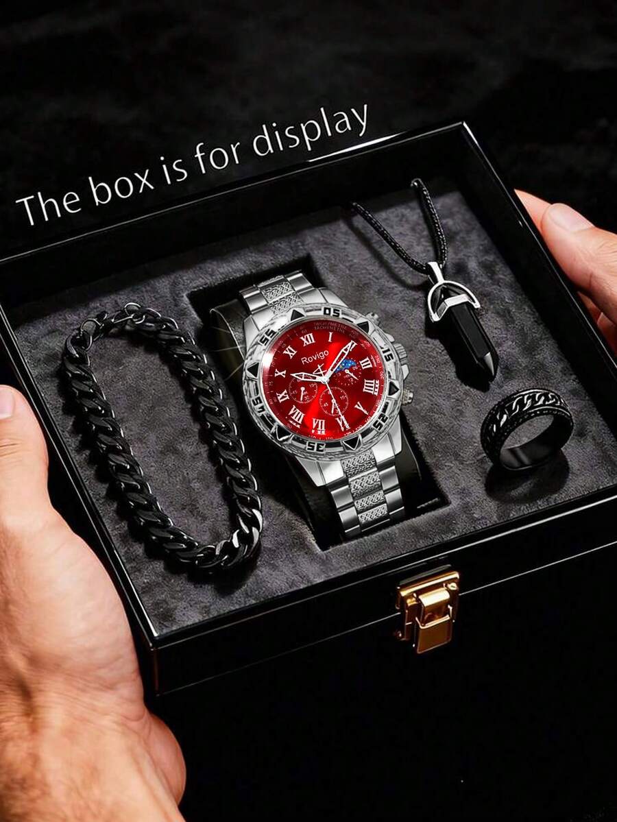 4 Peças Conjunto de Acessórios de Relógio Quartz Multifuncional de Estilo Homem Durão, Incluindo 1 Relógio Quartz Masculino com Pulseira de Aço Prateado e Numerais Romanos, 1 Pulseira, 1 Colar Pingente e 1 Anel. Apresentando Contraste de Cor Vermelho e Prata Marcante e Design Rústico de Rua como o Principal - Prata - Visão 1