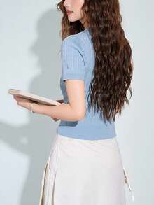 Áo dệt kim tay ngắn cổ tròn kiểu tối giản dành cho nữ, thích hợp cho mùa xuân/hè. - Màu xanh nhạt - Xem 2