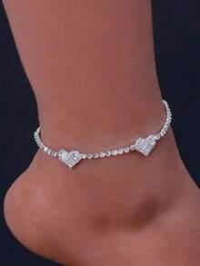 2pcs Luxury Heart Metal Inlaid CZ Silver Anklet Set, Suitable For Women's Daily Wear And Dating - Silver - View 3