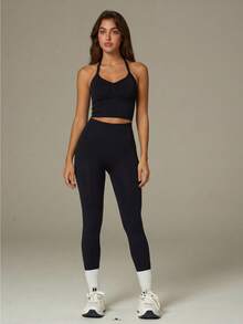 UONNOU Bộ đồ thể thao nữ mùa xuân/hè 2 món gồm áo croptop hai dây và quần legging xếp ly cạp cao. - màu đen - Xem 8
