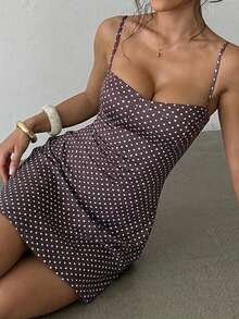 WOWDARK 夏季波点印花吊带连衣裙，优雅连衣裙，适合情人节、约会、聚会、派对、旅行、度假、海滩等场合，也适合婚礼、春季派对等场合。 - 棕色 - 查看 9