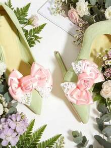 1 Par de Clipes Decorativos para Sapatos Elegantes de Estilo Coreano em Cetim com Design de Laço, Acessórios de Sapato Removíveis, Adequados para Sandálias, Saltos Altos / Apenas Clipes de Sapato, Sapatos Não Incluídos - Rosa chiclete - Visão 3