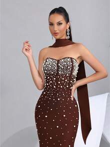 Beaded Decor Slit Bandeau Bridesmaid Dress, Holiday Party Bandage Dress - Coffee Brown - View 3