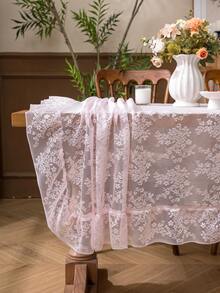 1pc French Countryside Style Floral Lace Trim Tablecloth, Holiday Decor - Pink - View 11