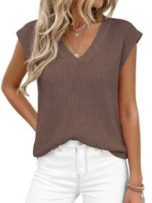 Women's Knit Sweaters Vest Lightweight Spring Cap Sleeve V Neck Tank Tops Summer Going Out Outfits - 棕色 - 查看 2