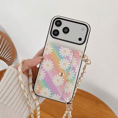 1 chiếc ví đựng thẻ đeo chéo bằng da PU in họa tiết hoa và sao thanh lịch, tương thích với Apple 17, 16, 16e, 15, 14 Plus, 13, 12, 11 Pro Max