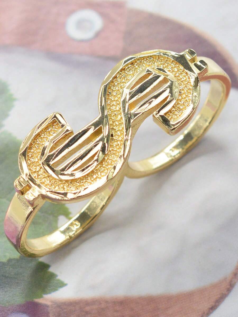 1pc 14K Gold Plated 3D Dollar Sign Double Finger Ring, Unisex Jewelry, Christmas/Birthday/Easter/Party Gift - Gold - View 1