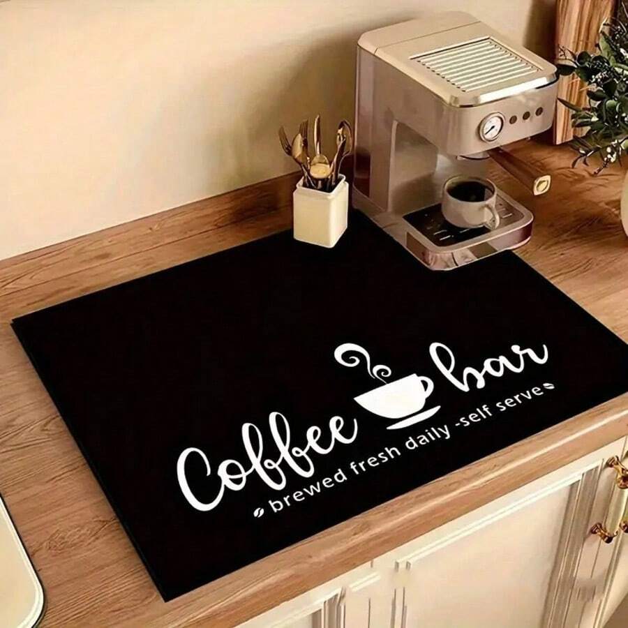 1 Almohadilla de drenaje, Placa de secado de barra de café negra con impresión, Alfombrilla de mesa multiusos para máquina de café