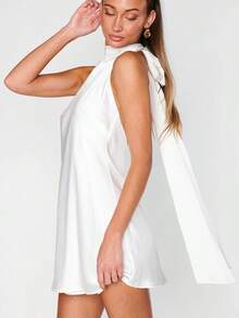 Satin Halter Neck Backless Bow Mini Dress, Elegant Backless Party Dress For Women Wedding Guest Club Night Out - 白色 - 查看 2