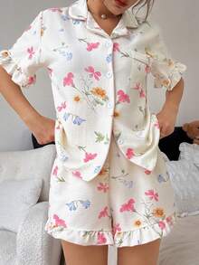 Dreamivo 优雅碎花短款女士睡衣套装 - 短袖纽扣领上衣和裤子，柔软亲肤，可机洗，可户外穿着 - 杏色 - 查看 5