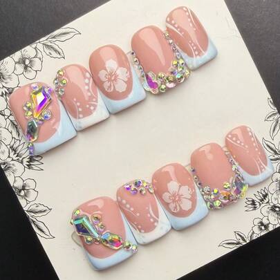 10片/套 Y2K 坏女孩风格按压式美甲贴片，短方形，手工制作，裸色、蓝色、白色，法式、印花、水钻、条纹、波点设计，适合女性和女孩，派对、日常佩戴，包含配件（配件颜色随机）