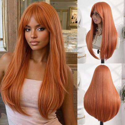 22英寸橙色直发耐热长款合成假发，带刘海，适合女性佩戴 - 适用于角色扮演、派对和日常佩戴，优雅的女士22英寸长款直发假发，带刘海，橙色合成假发，玫瑰网帽，适合角色扮演和日常佩戴。长款直发合成假发，带刘海，适合女性佩戴 - 多功能，适合派对、角色扮演、日常佩戴和旅行，为女性提供舒适感和活力四射的外观。
