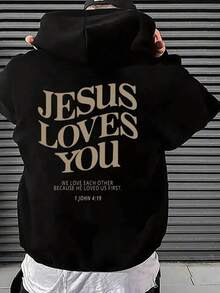 Manfinity Dauomo Men's Slogan Printed Drawstring Hooded Fleece Sweatshirt, Fall Winter - Black - View 1