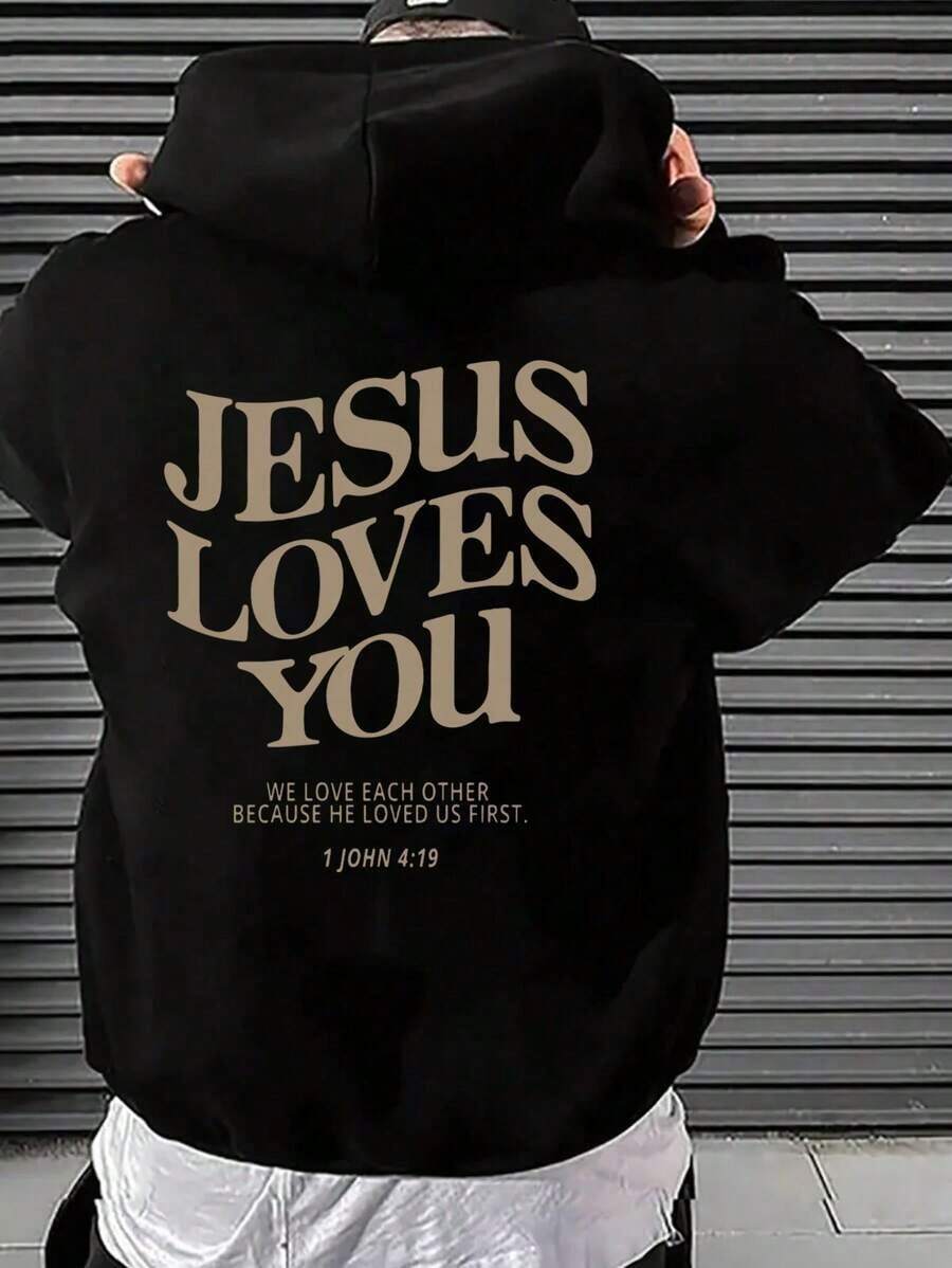 Manfinity Dauomo Men's Slogan Printed Drawstring Hooded Fleece Sweatshirt, Fall Winter - Black - View 1