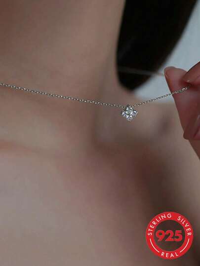 BALMORA 1 Miếng S925 Bạc nguyên chất Four-leaf Clover Vòng cổ mặt dây chuyền Với Zirconia Đối với phụ nữ , 42 + 3cm Có thể điều chỉnh