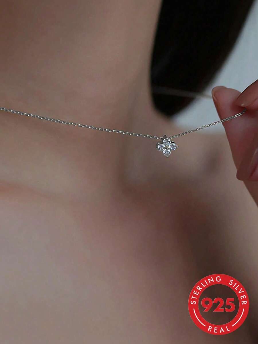 BALMORA 1pc S925 Sterling Silver Four-leaf Clover Pendant Necklace With Zirconia For Women, 42+3cm Adjustable - Silver - View 1