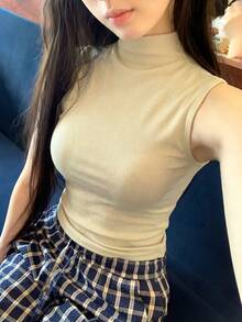 美式性感女士灰色無袖小立領緊身背心，彈性修身夏季休閒春季黃色細肩帶背心 - 黃色 - 查看 3