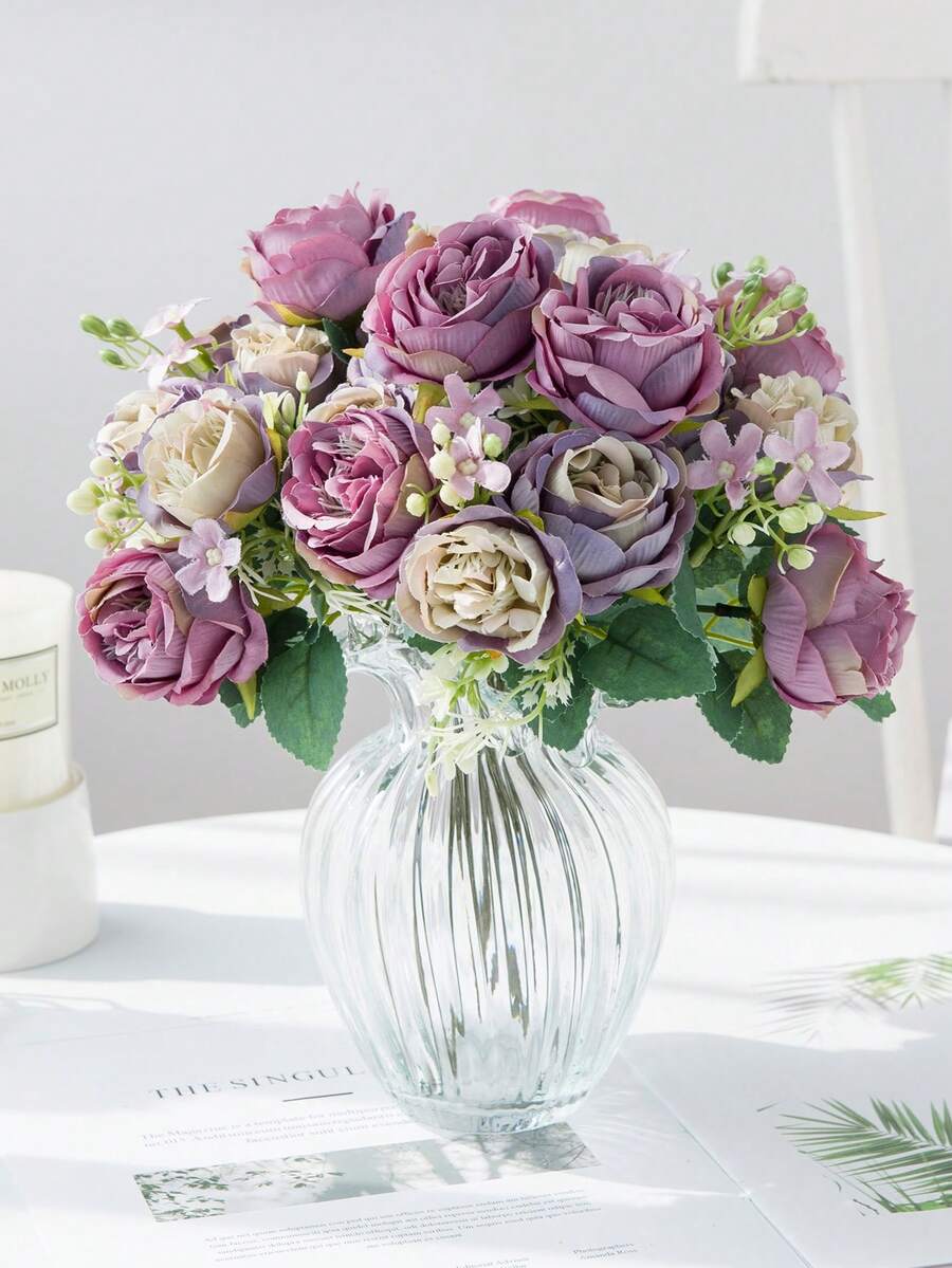 1 ramo de flores artificiales de peonía, flores de rosa de seda, adecuadas para decoración del hogar, boda, fiesta, centro de mesa, Día de San Valentín, regalo de cumpleaños, ceremonia de graduación y otras ocasiones - Morado - Ver 1
