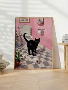 1幅无框黑猫墙面艺术海报，粉色浴室帆布画，漂浮卫生纸主题墙面装饰，奇幻艺术印刷品，现代墙面艺术，复古装饰海报，家居装饰，礼品 - 适用于客厅、卧室和家庭办公室 - 彩色 - 查看 2