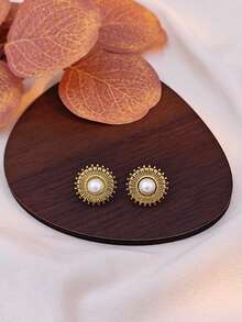 5/9 Pairs Women's Gold Pearl Stud Earrings Set, Made Of High-Quality Stainless Steel With Advanced Vacuum Plating, Replicating Luxurious Gold Jewelry Feel, Excellent Waterproof, Hypoallergenic And Fade-Resistant Performance, Skin-Friendly And Comfortable To Wear - Multicolor - View 8