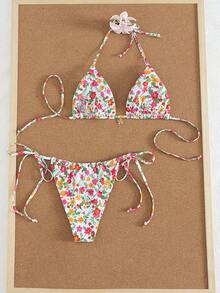 女士碎花挂脖系带比基尼套装，性感泳衣，适合海滩度假，休闲优雅泳装，采用高弹透气面料，适合海滩、音乐节、情人节等场合，女士海滩度假装扮，女士泳装，夏季度假装扮，女士比基尼 - 彩色 - 查看 4