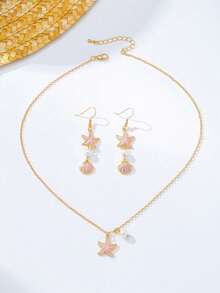 2pcs/Set Delicate Starfish & Shell Pendant Earrings, Unique Design Starfish Pendant Necklace With Pearl, Suitable For Women, Fresh Summer Daily Wear Jewelry, Beach Holiday Accessories - Pink - View 5