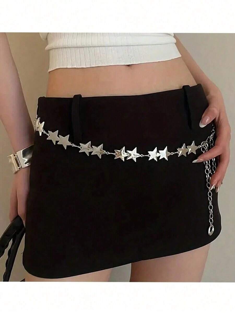 1pc Women's Star Chain Waist Chain, Fashion Versatile JK Skirt Waistband, Pentagram Pants Chain Summer School Fall, Autumn, Halloween - Bạc - Xem 1