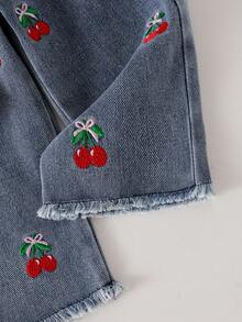 2pcs Baby Girl Fashion Elegant Cherry Embroidery Colorblock Polo Shirt Top And Cherry Embroidery Denim Long Pants Set - Red - View 6