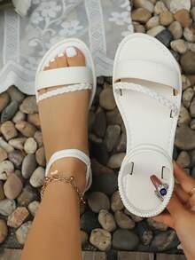 Teenager New Woven Strap Back Strap Flat Sandals Beach Sandals Minimalist Fashion Vacation Style Daily Wear Beige Flat Sandals White Flat Sandals Black Flat Sandals - White - View 2