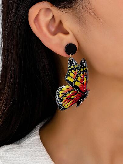 1对时尚夏季亚克力蝴蝶印花耳环，吊坠耳环，适合日常佩戴