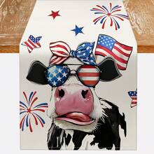 1pc Patriotic American Bull Design Table Runner, Stars And Stripes Fireworks Print Desktop Decor, Suitable For July 4th Independence Day Restaurant, American Farm Home Decoration - White - View 7