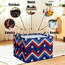 1pc Patriotic Red White Blue Glitter  Star Print Foldable Storage Basket With Handle, Large Capacity Fabric Storage Bin For Clothes Toys, USA 4th Of July Home Organizer Box For Closet Bedroom Living Room, Patriotic Decor - Multicolor - View 3