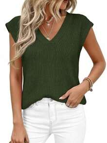 Women's Knit Sweaters Vest Lightweight Spring Cap Sleeve V Neck Tank Tops Summer Going Out Outfits - Dark Green - View 5
