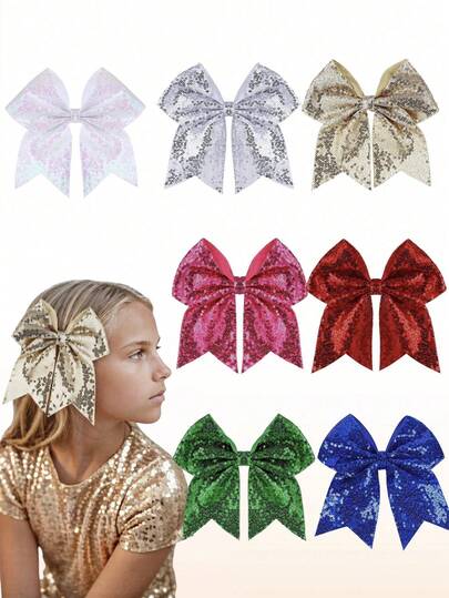 1个超大号7英寸闪亮亮片蝴蝶结发夹，闪光发卡派对配饰，适合青少年女孩，圣诞节