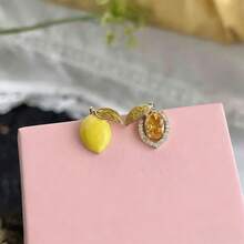 柠檬耳环，镶嵌微镶锆石，不对称时尚优雅奢华水果耳环 - 黃色 - 查看 1