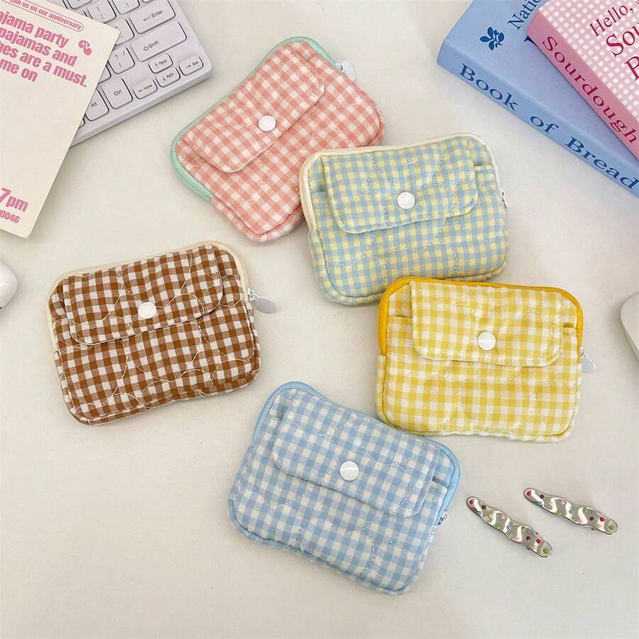 Checkered Quilted Card Bag With Snap Button Makeup Bag Layered Zipper Design For Girls' Personal ID Bank Card Storage Cosmetic Bag Large Capacity Multi Functional Makeup Bag Lipstick Cosmetics Storage Toiletry Bag Ideal Valentine's Day Gift Vacation Commuter Travel Portable Make Up Bag - Multicolor - View 1