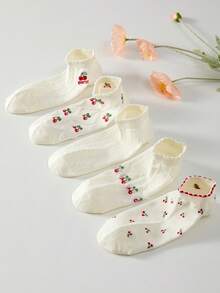 5 pares de calcetines de tobillo de encaje blanco con estampado de cerezas para mujer, transpirables y antideslizantes, adecuados para primavera y verano - Blanco - Ver 7