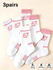 6/3/1Pair Women's Pink Fun 67 Number Mid-Calf Socks, Breathable Sweat-Absorbing Sports Socks, Striped Design, Suitable For Hiking And Cycling, All Seasons - Pink - View 10
