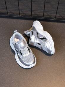 Kids Silver Mesh Breathable Platform Sneakers, Unisex Children Hook And Loop Casual Sports Running School Shoes Size 21-30 - Grey - View 2