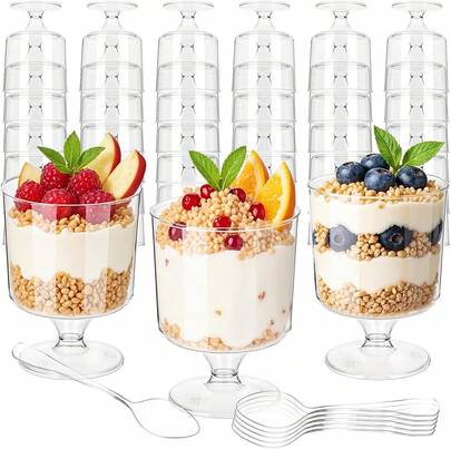 Prasacco 100 Pieces Dessert Cups And Spoons, 50 Pcs 5 Oz Mini Plastic Parfait Cup And 50 Pcs Plastic Spoon Round Goblet Cup Clear Dessert Cups For Party Appetizers, Mousse, Ice Cream, Pudding, Fruit