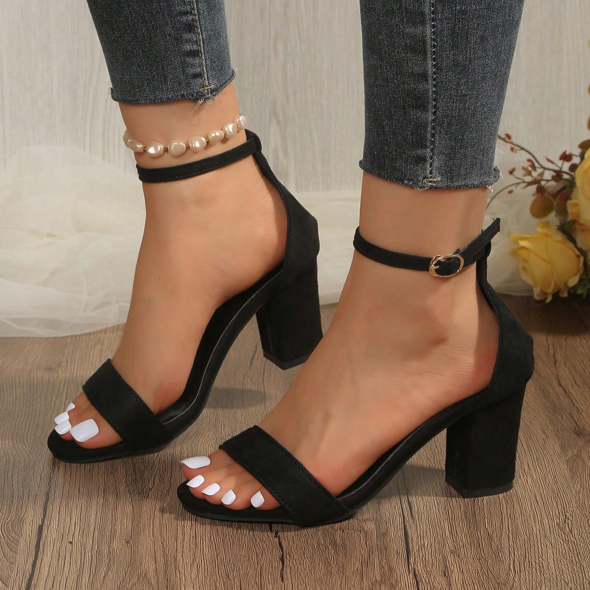 Sandalias de tacón grueso de ajuste ancho para mujer con punta abierta, zapatos casuales, tacones altos versátiles adecuados para vestidos y fiestas
