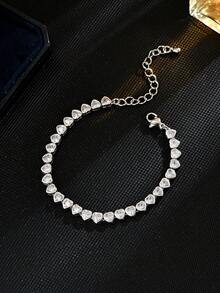 1pc Luxurious Copper Zirconia Inlaid Heart-Shaped Link Tennis Bracelet With Fashion For Women - 心型款 - 查看 5