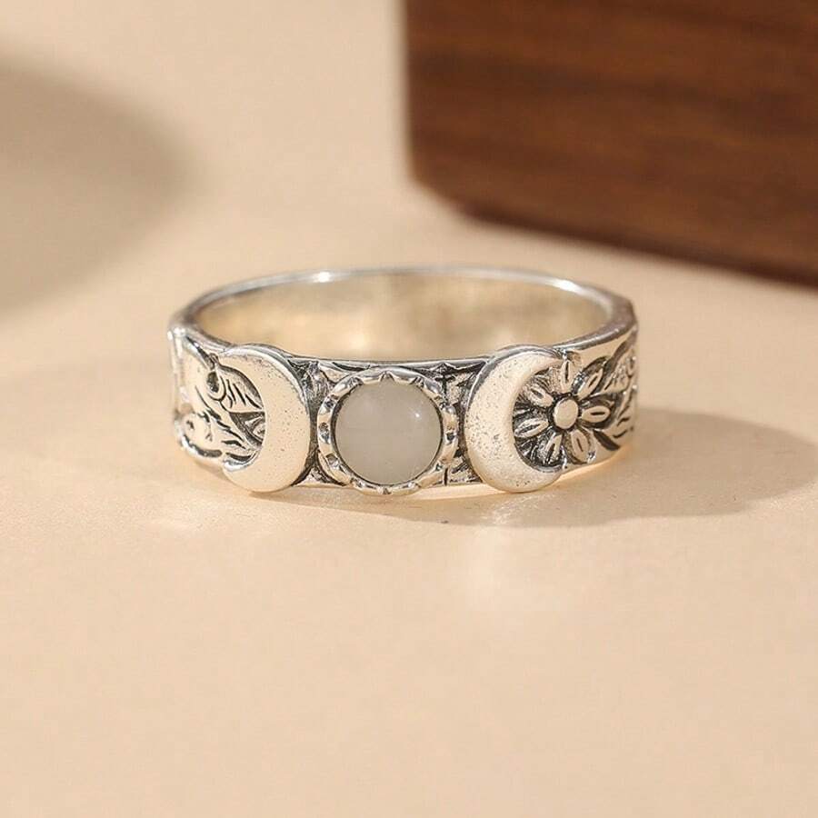 Cincin Bulan Antik, Ukiran Tangan yang Indah, Perhiasan Gaya Bohemian untuk Wanita, Cocok untuk Pemakaian Sehari-hari dan Pesta - Perak - View 1