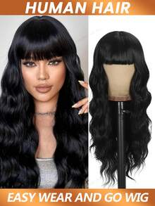 Tóc giả gợn sóng không viền ren phía trước, tóc giả làm từ tóc thật, có mái, dành cho nữ, dễ đội, không cần keo dán, độ dày 180%, tóc thật nguyên chất Brazil. - Natural Black - Xem 3