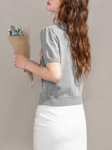 Áo khoác cardigan nữ tay ngắn cổ tròn, kiểu dáng thường ngày, dễ thương, thiết kế hình thoi, thắt nơ, thích hợp cho mùa hè. - Màu Xám nhạt - Xem 2