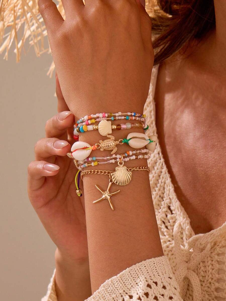 6pcs/Set Women's Bohemian Style Beach Ocean Element Turtle Shell Starfish Charm Bracelets - Multicolor - View 1
