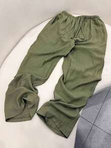 Women's Loose Fit Drawstring Waist Wide Leg Pants, Lightweight Breathable Casual Trousers, Military Green, Summer Spring - 軍綠色 - 查看 2