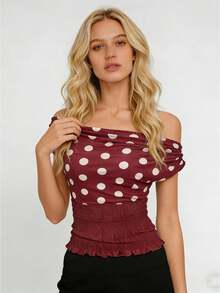 Women's Y2K Aesthetic Off Shoulder Tops Summer Mesh Dot Print Shirred Tops Slim Fit Shirts Streetwear - 紅色 - 查看 1