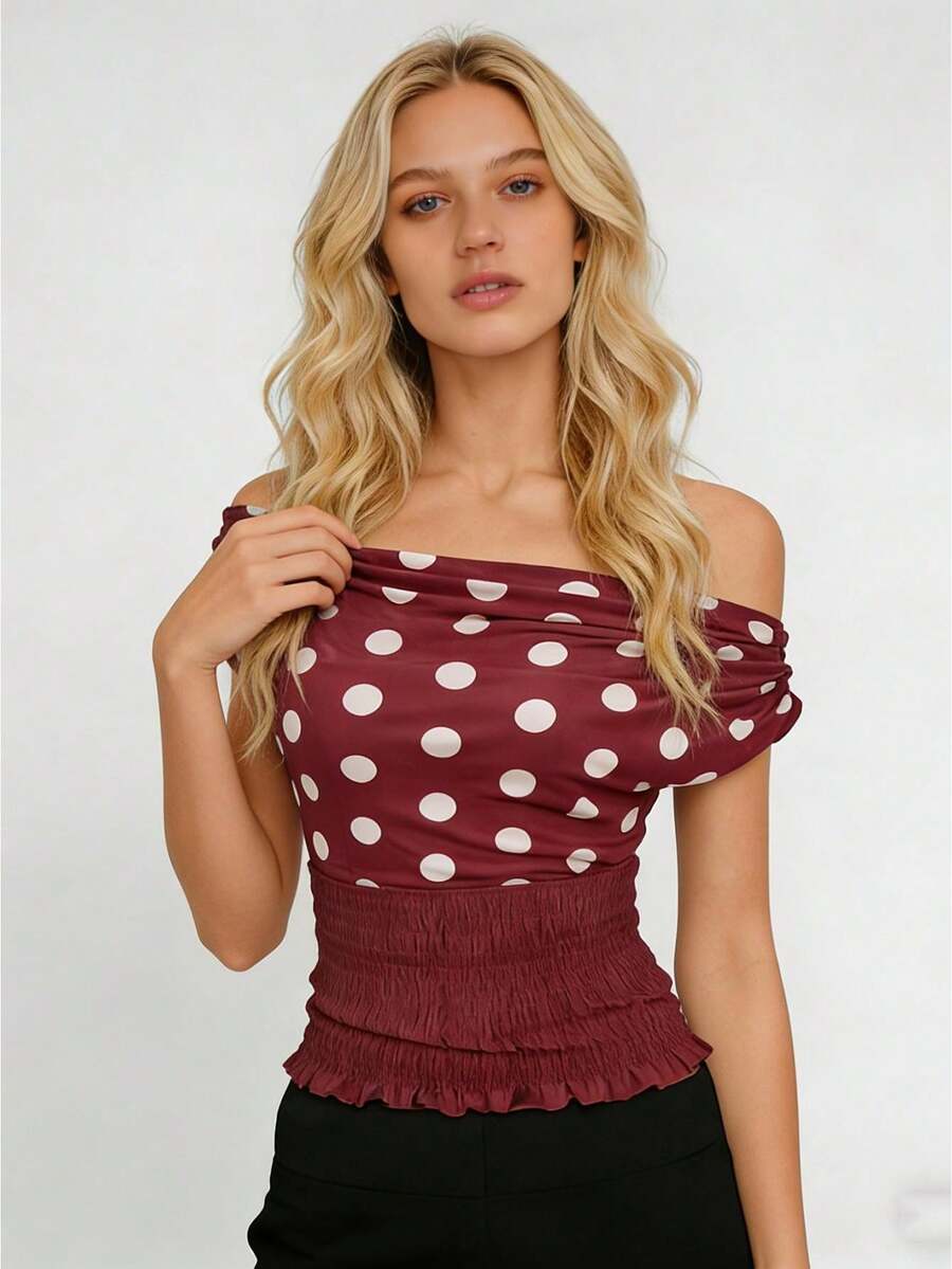 Women's Y2K Aesthetic Off Shoulder Tops Summer Mesh Dot Print Shirred Tops Slim Fit Shirts Streetwear - 紅色 - 查看 1